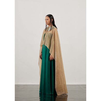 AKHL Green Glass Embroidered Cape with Dress (Set of 2)