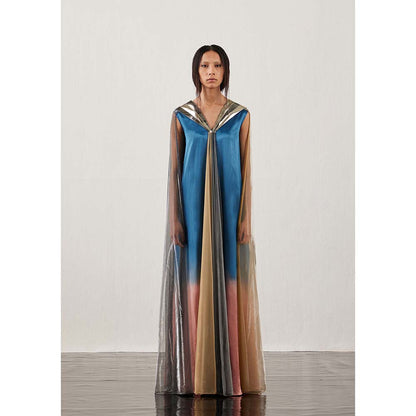 AKHL Blue Fall Panelled Gradient Dress with Attached Cape