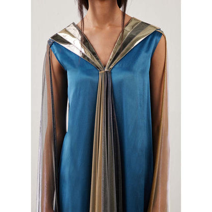 AKHL Blue Fall Panelled Gradient Dress with Attached Cape