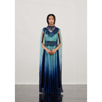 AKHL Blue Glass Fringed Gathered Dress with Attached Cape