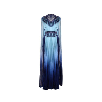 AKHL Blue Glass Fringed Gathered Dress with Attached Cape