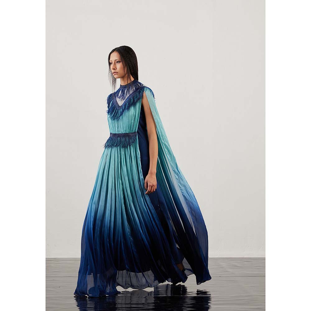 AKHL Blue Glass Fringed Gathered Dress with Attached Cape