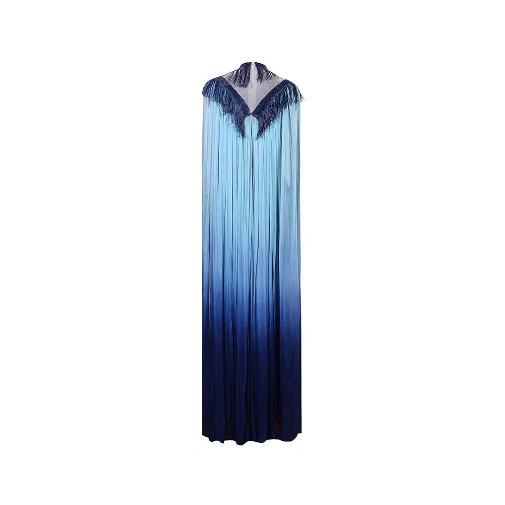 AKHL Blue Glass Fringed Gathered Dress with Attached Cape