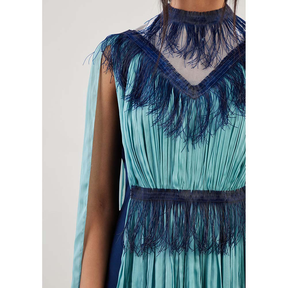 AKHL Blue Glass Fringed Gathered Dress with Attached Cape