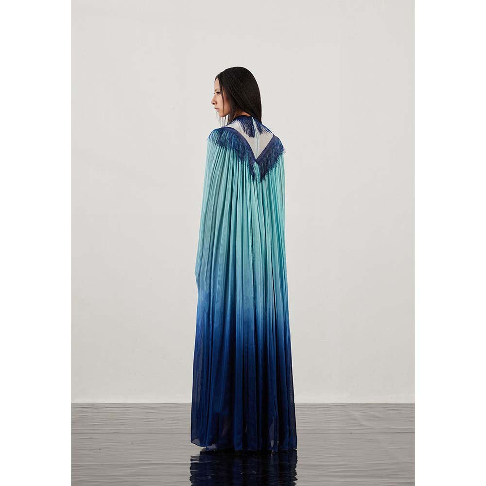 AKHL Blue Glass Fringed Gathered Dress with Attached Cape