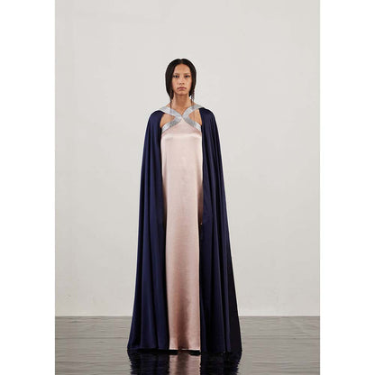 AKHL Pink Textured Satin & Lurex Tulle Dress with Attached Cape