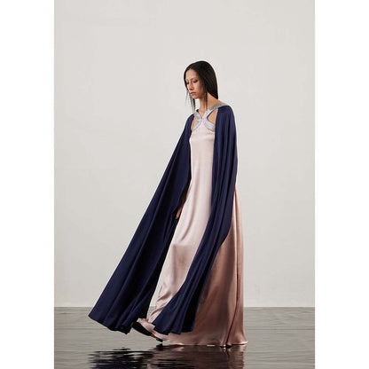 AKHL Pink Textured Satin & Lurex Tulle Dress with Attached Cape