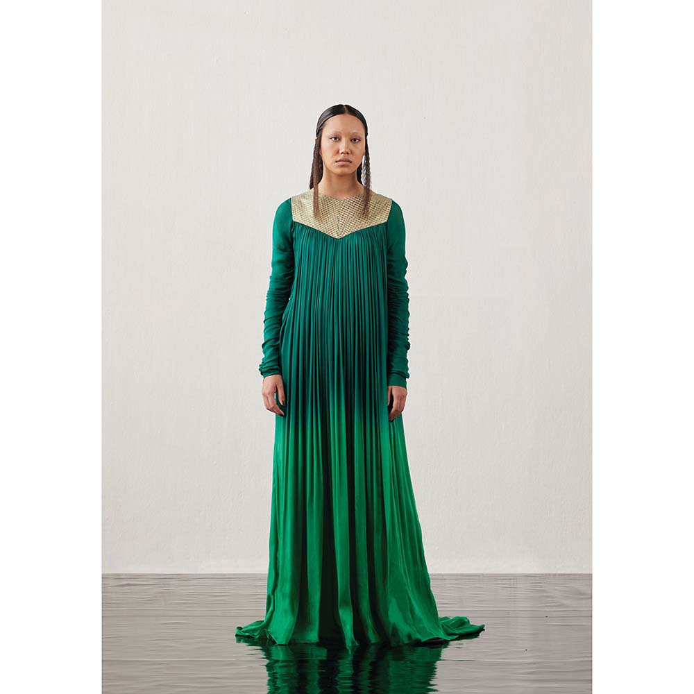 AKHL Green Angular Gathered Satin Dress