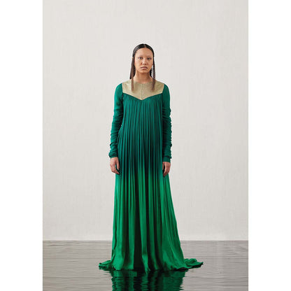 AKHL Green Angular Gathered Satin Dress
