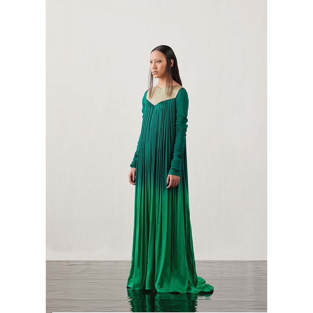AKHL Green Angular Gathered Satin Dress