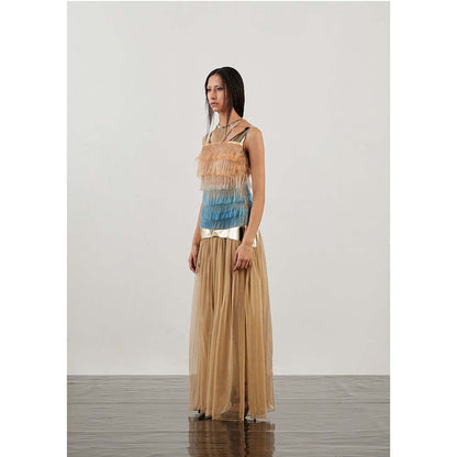 AKHL Beige Gathered Tulle Fringe Dress