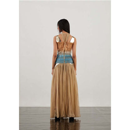 AKHL Beige Gathered Tulle Fringe Dress