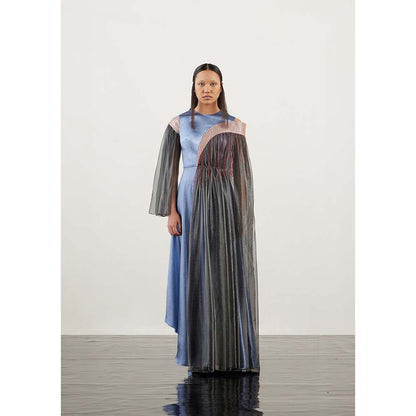 AKHL Blue Angular Arc Cape Sleeve Dress