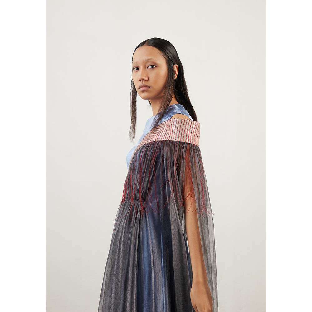 AKHL Blue Angular Arc Cape Sleeve Dress