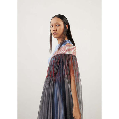 AKHL Blue Angular Arc Cape Sleeve Dress