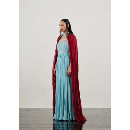 AKHL Blue Fringe Organza Dress with Cape (Set of 2)