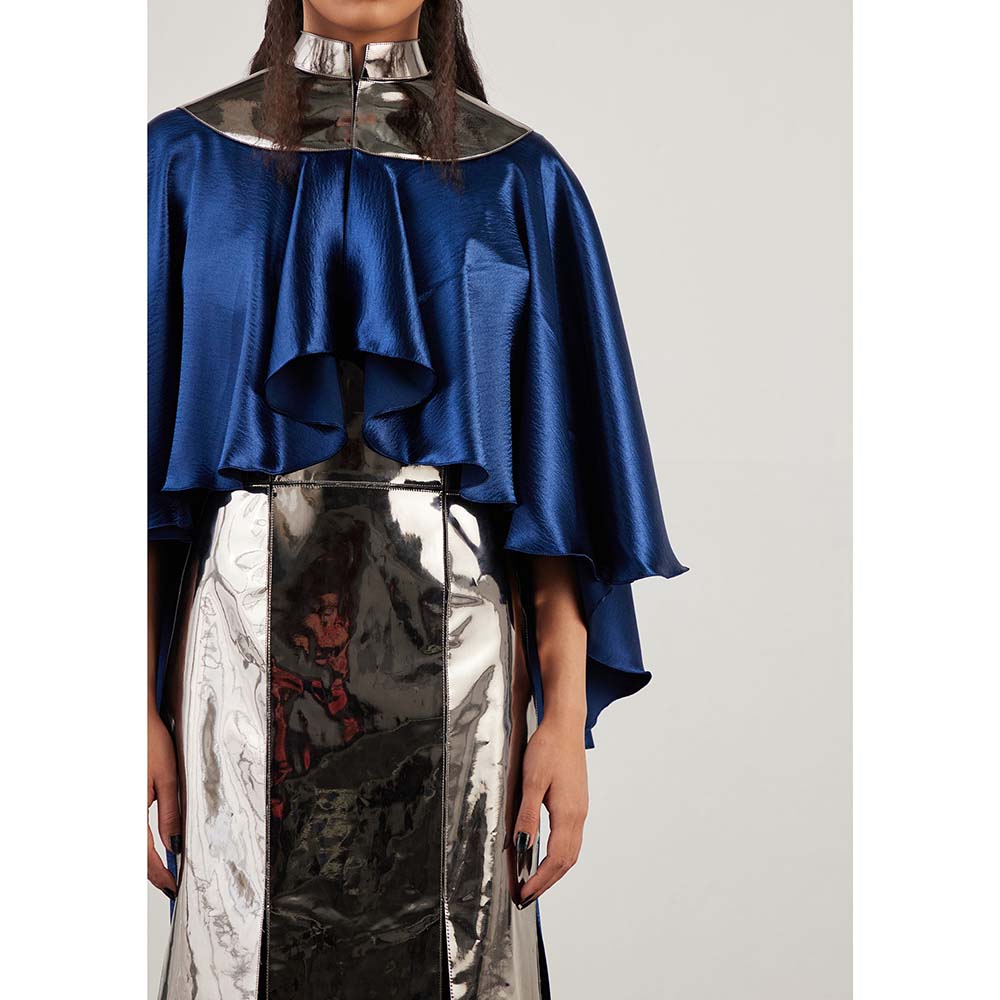 AKHL Blue Mirror Slit Dress with Cape (Set of 2)