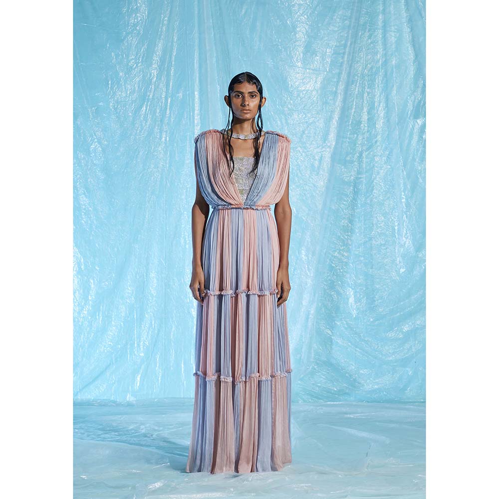 AKHL Multi-Colour Gathered Chiffon Colour Blocking Dress with Attached Choker