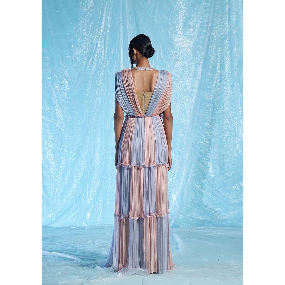 AKHL Multi-Colour Gathered Chiffon Colour Blocking Dress with Attached Choker