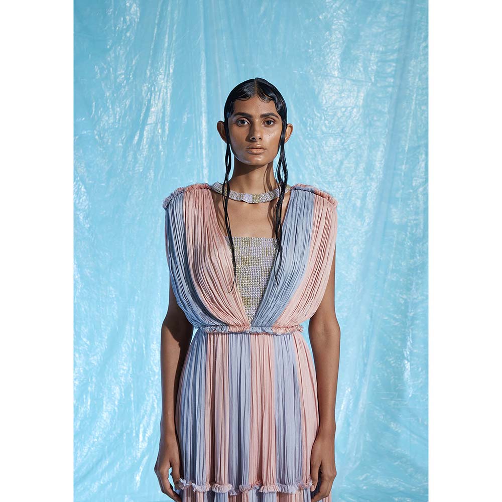 AKHL Multi-Colour Gathered Chiffon Colour Blocking Dress with Attached Choker