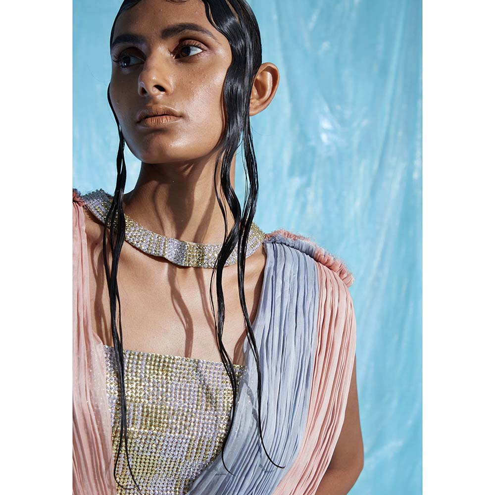 AKHL Multi-Colour Gathered Chiffon Colour Blocking Dress with Attached Choker