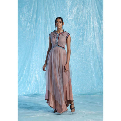 AKHL Pink Angular Gathered Satin Dress