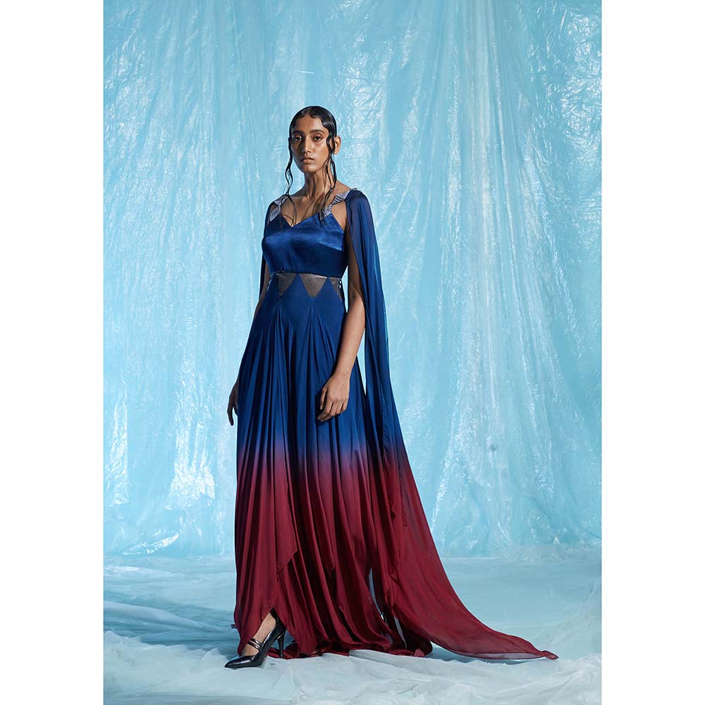 AKHL Blue Diamond Sequins Gradient Dress with Attached Cape
