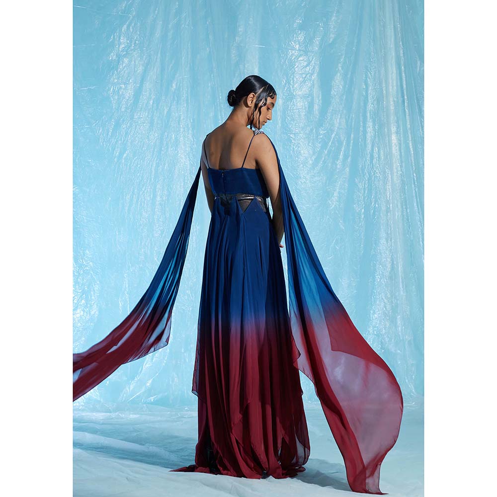 AKHL Blue Diamond Sequins Gradient Dress with Attached Cape