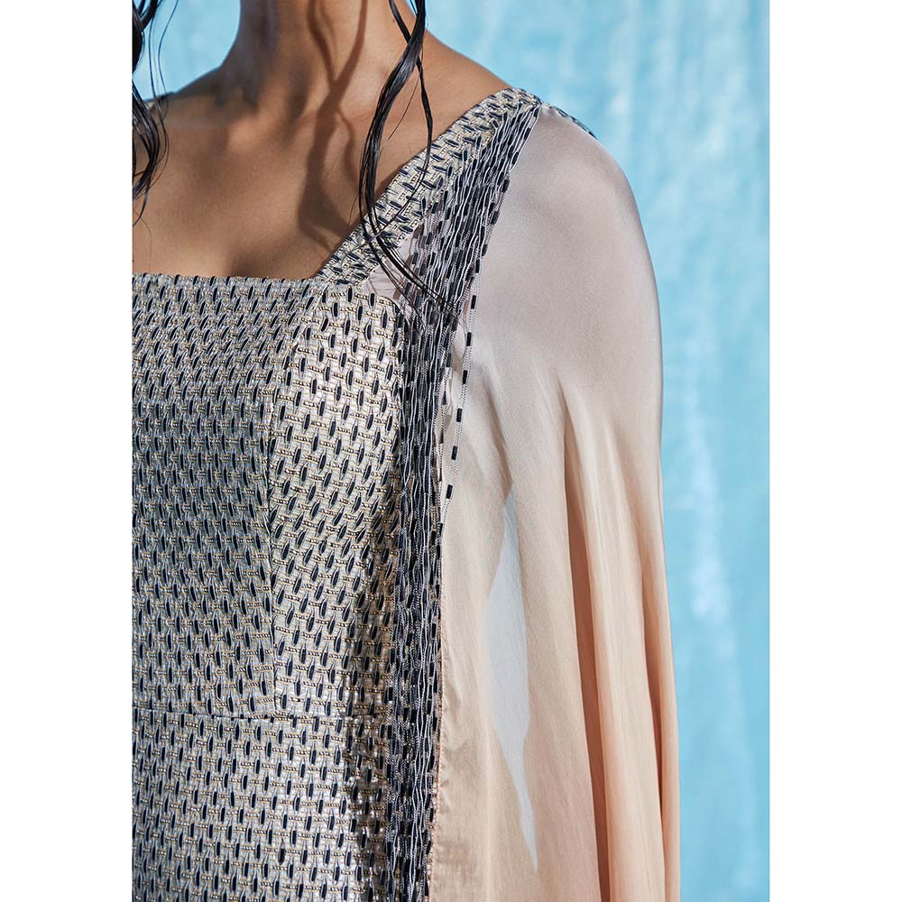 AKHL Grey Silk Raffia Structured Dress with Attached Cape