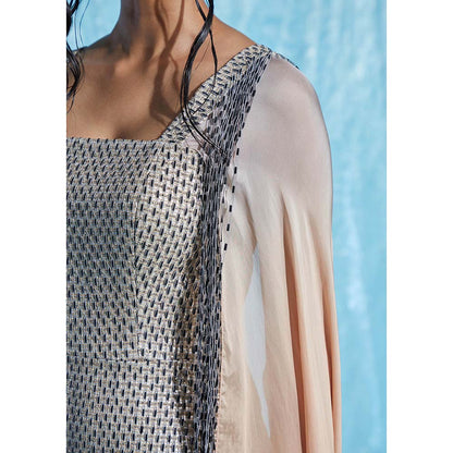 AKHL Grey Silk Raffia Structured Dress with Attached Cape