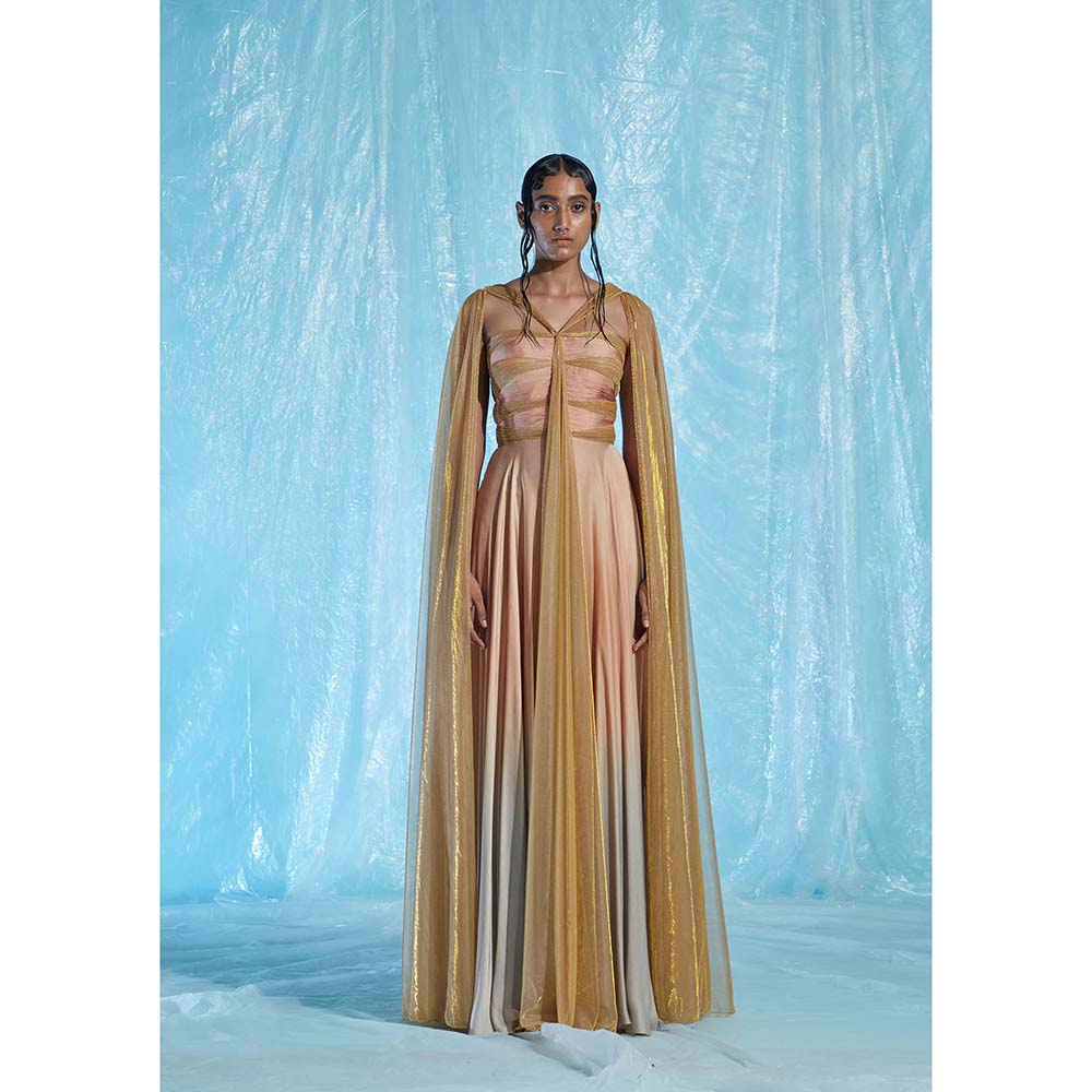 AKHL Peach Gathered Satin Dress with Attached Cape