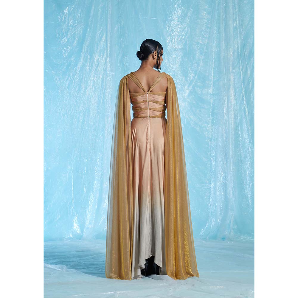 AKHL Peach Gathered Satin Dress with Attached Cape