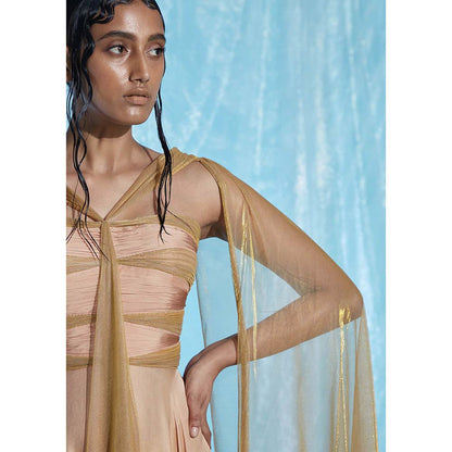 AKHL Peach Gathered Satin Dress with Attached Cape