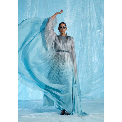 AKHL Blue Gathered Chiffon Glass Kaftan Dress with Belt (Set of 2)