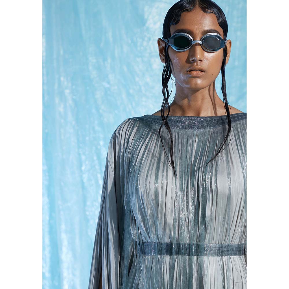 AKHL Blue Gathered Chiffon Glass Kaftan Dress with Belt (Set of 2)