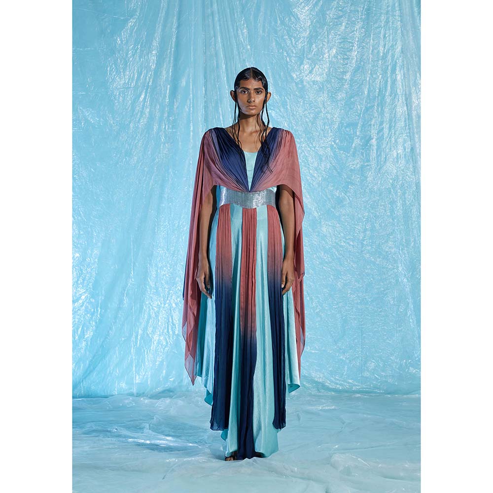 AKHL Turquoise Satin & Chiffon Dress with Attached Belt