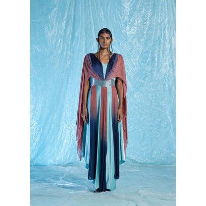 AKHL Turquoise Satin & Chiffon Dress with Attached Belt