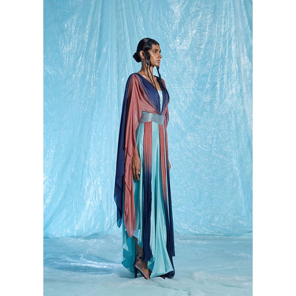 AKHL Turquoise Satin & Chiffon Dress with Attached Belt