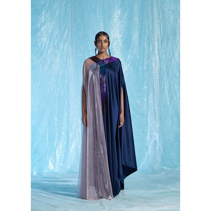 AKHL Navy Blue Satin & Lurex Glass Kaftan Dress