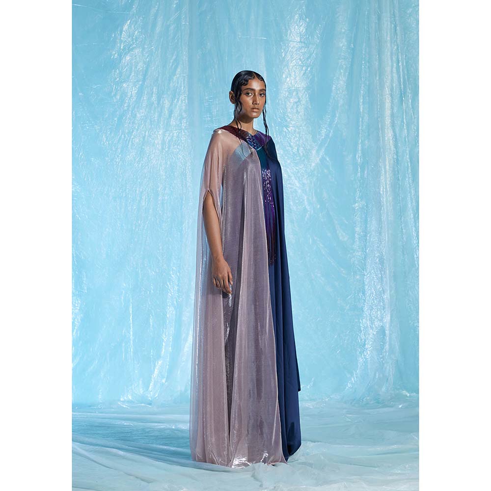 AKHL Navy Blue Satin & Lurex Glass Kaftan Dress