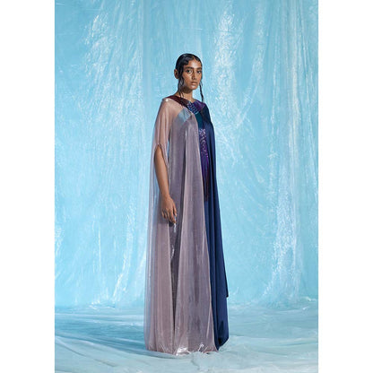 AKHL Navy Blue Satin & Lurex Glass Kaftan Dress