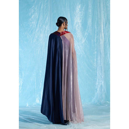 AKHL Navy Blue Satin & Lurex Glass Kaftan Dress