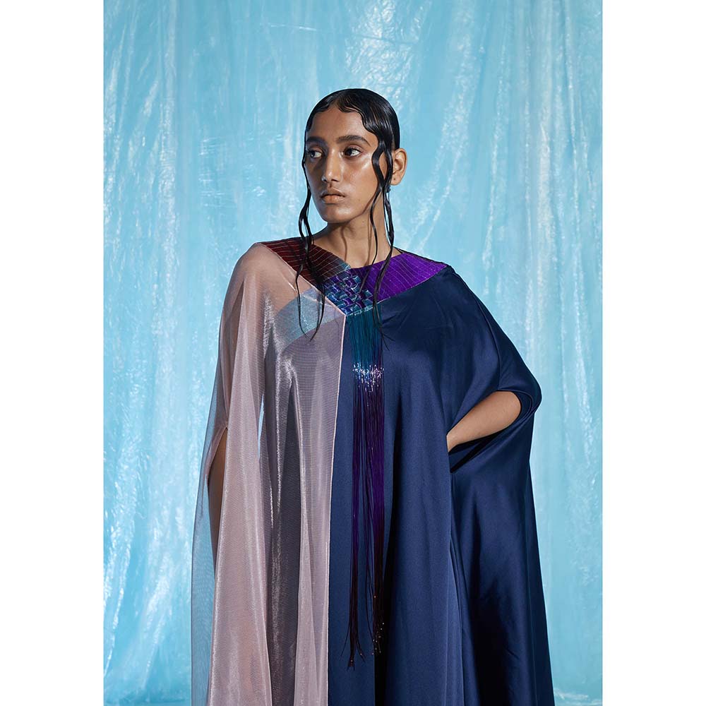 AKHL Navy Blue Satin & Lurex Glass Kaftan Dress