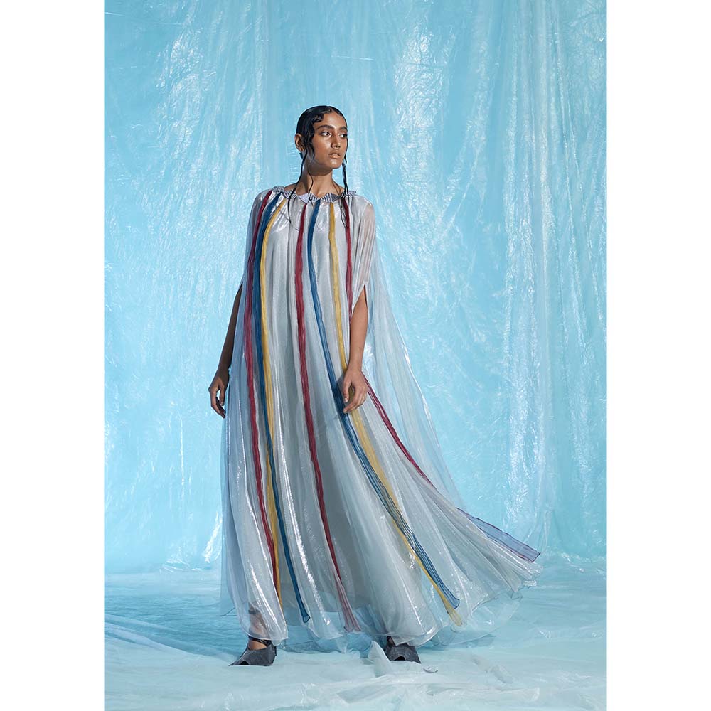 AKHL Silver Lurex Tulle & Organza Kaftan Dress