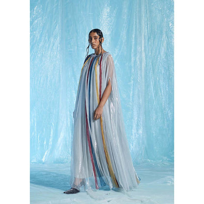 AKHL Silver Lurex Tulle & Organza Kaftan Dress