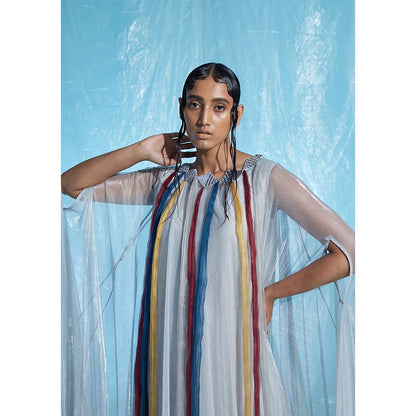 AKHL Silver Lurex Tulle & Organza Kaftan Dress