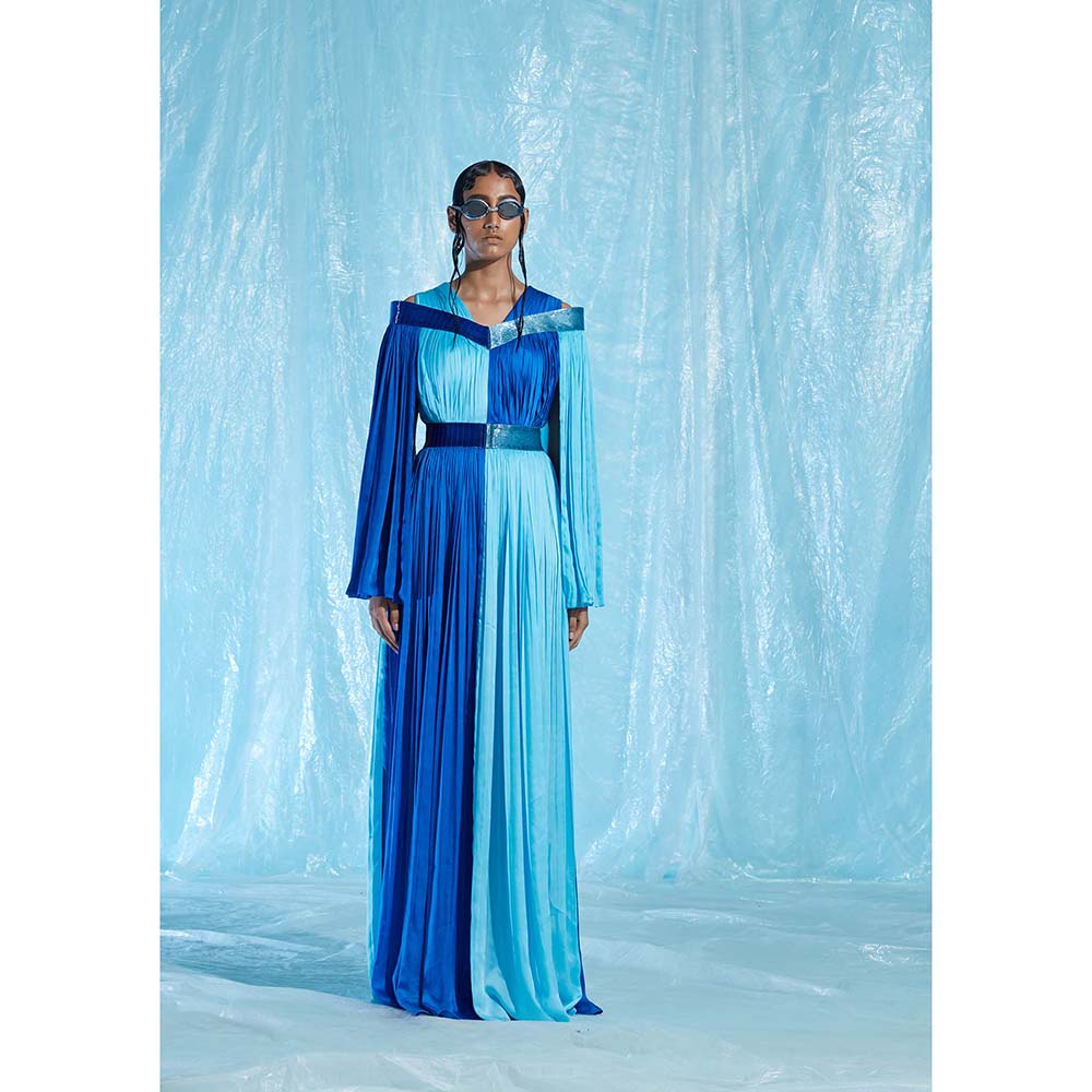 AKHL Blue Gathered Glass Satin Dress