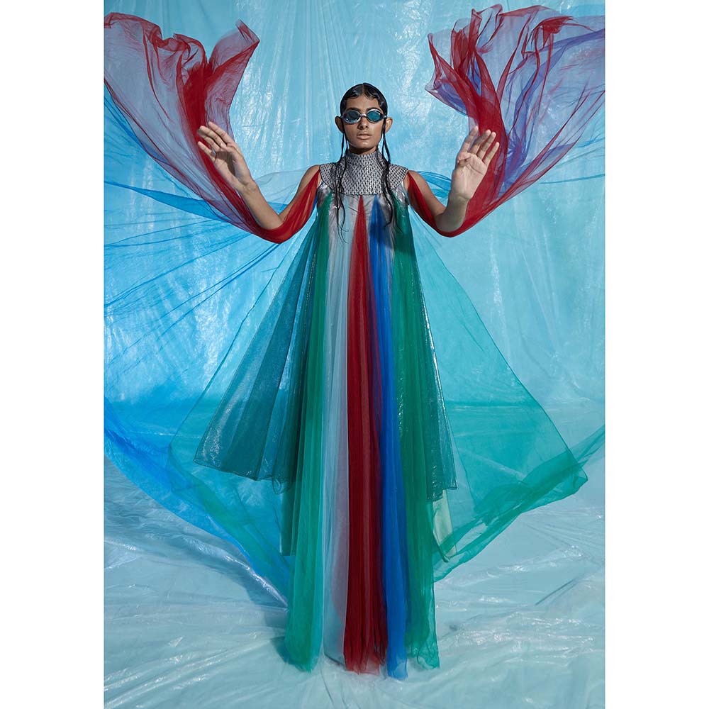 AKHL Multi-Colour Fall Panelled Tulle Dress with Underlay (Set of 2)