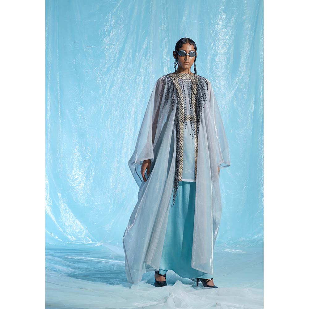 AKHL Silver Lurex and Silk Raffia Kaftan with Slip (Set of 2)