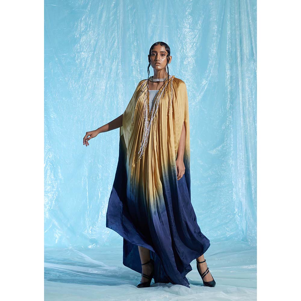 AKHL Yellow Gathered Satin Kaftan Dress with Sequins Collar